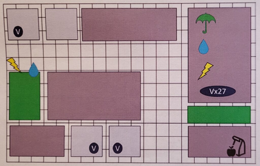 This is an image of a grid with boxes that signify different buildings. The "Vs" signifiy where vulnerable populations live in this person's neighbourhood.